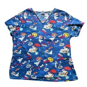 Disney Olaf Women’s Scrub Top Sz Large V Neck Blue Multi “Hello Sunshine”